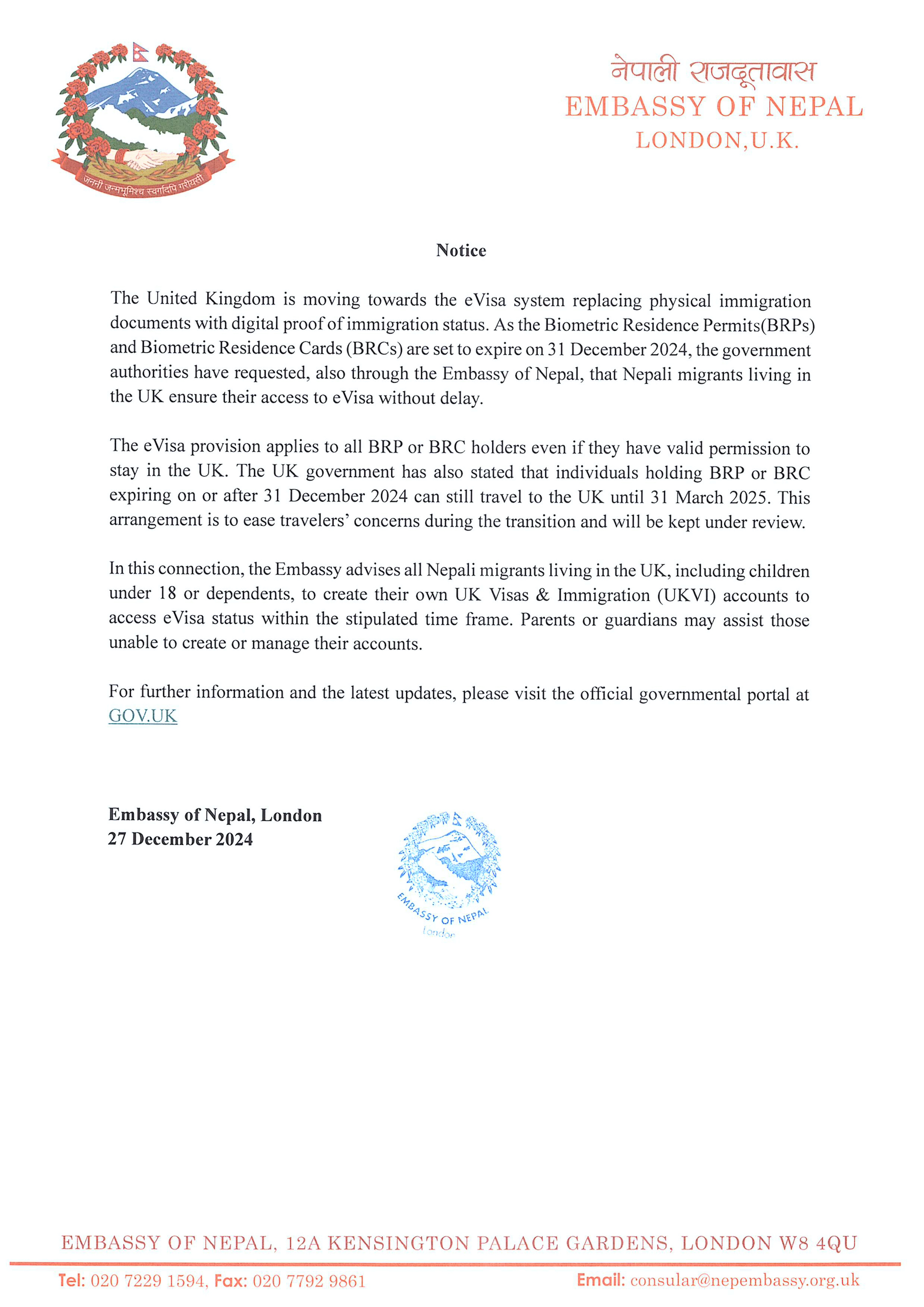 Notice regarding eVisa for Nepali citizens living in the UK- Embassy of Nepal, London, UK